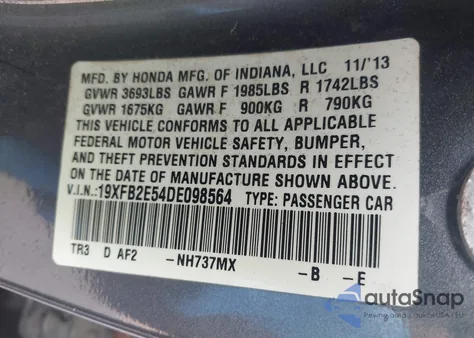 2013 Honda Civic Lx z USA, uszkodzony, nr VIN 19XFB2E54DE098564